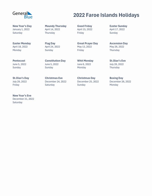 Free printable list of Faroe Islands holidays for year 2022