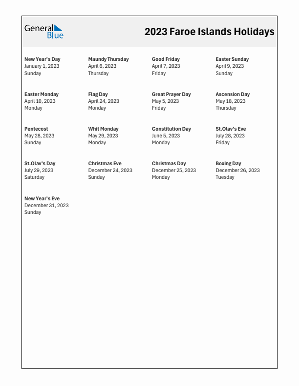 Free printable list of Faroe Islands holidays for year 2023