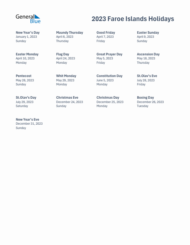 Free printable list of Faroe Islands holidays for year 2023