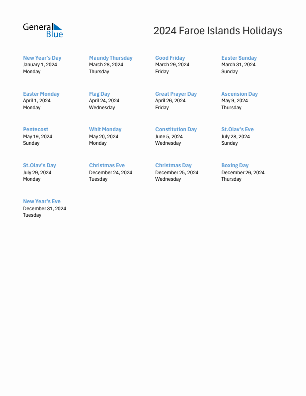 Free printable list of Faroe Islands holidays for year 2024