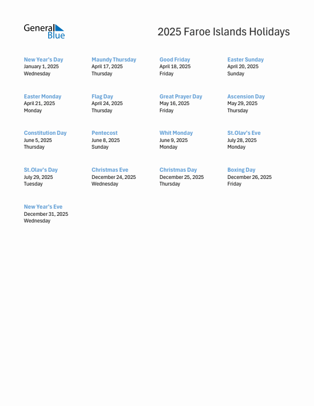 Free printable list of Faroe Islands holidays for year 2025