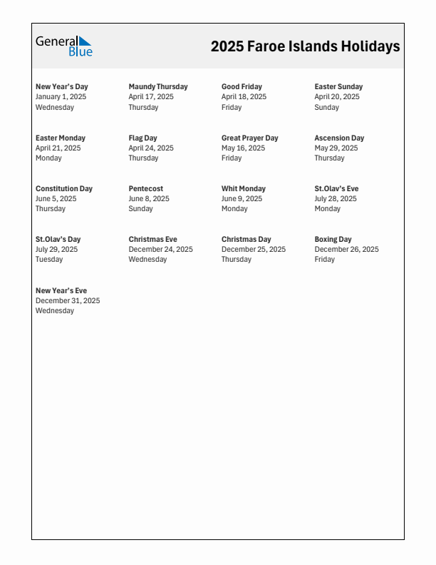 Free printable list of Faroe Islands holidays for year 2025