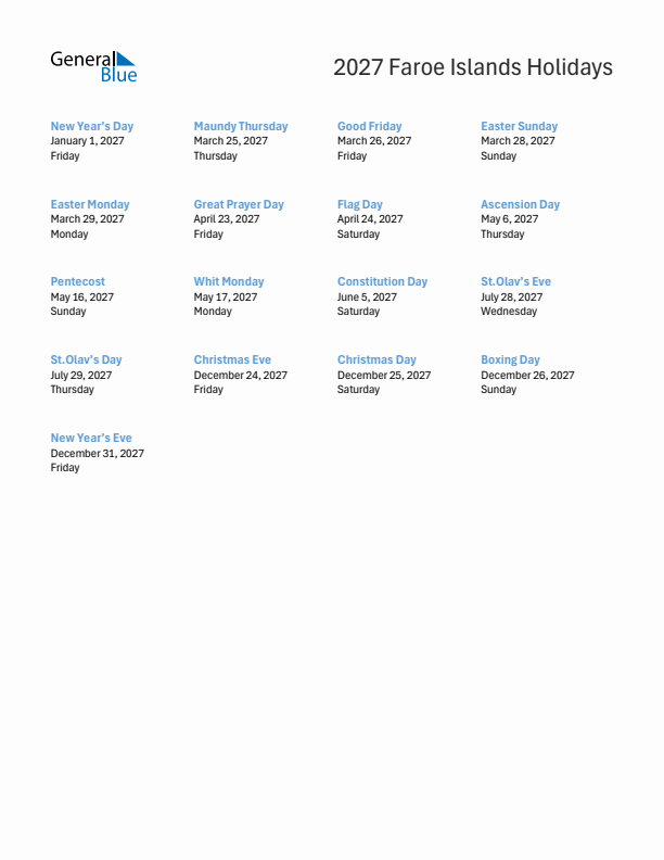 Free printable list of Faroe Islands holidays for year 2027