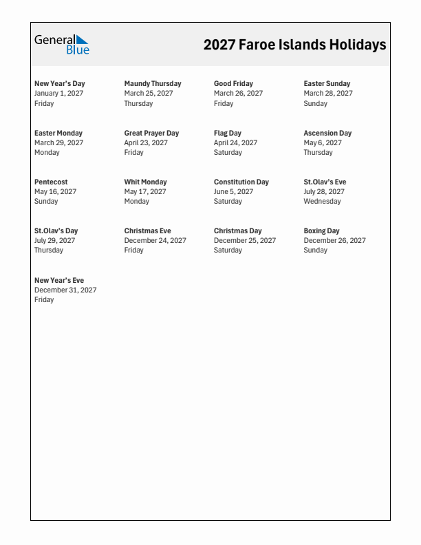 Free printable list of Faroe Islands holidays for year 2027