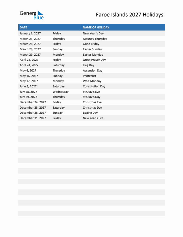 Free printable list of Faroe Islands holidays for year 2027