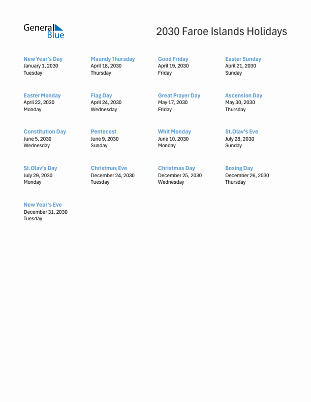 Free printable list of Faroe Islands holidays for year 2030