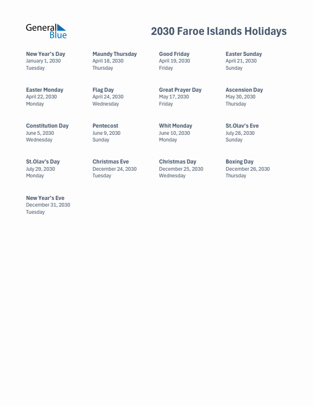 Free printable list of Faroe Islands holidays for year 2030