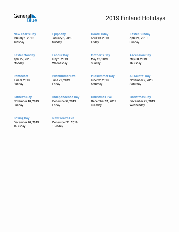 Free printable list of Finland holidays for year 2019