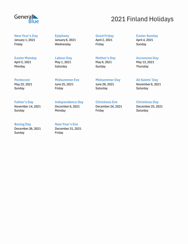 Free printable list of Finland holidays for year 2021