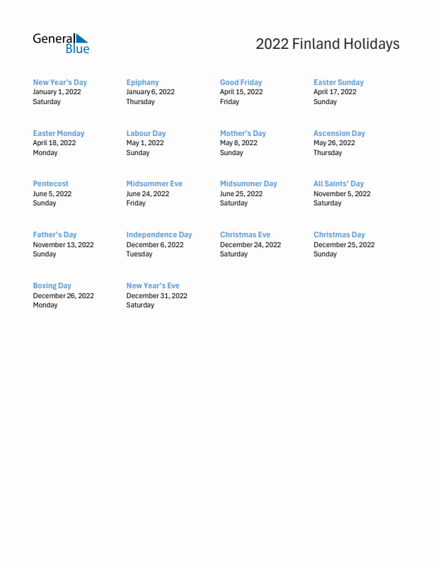 Free printable list of Finland holidays for year 2022