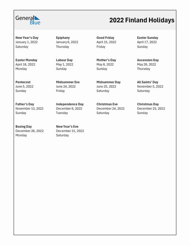 Free printable list of Finland holidays for year 2022