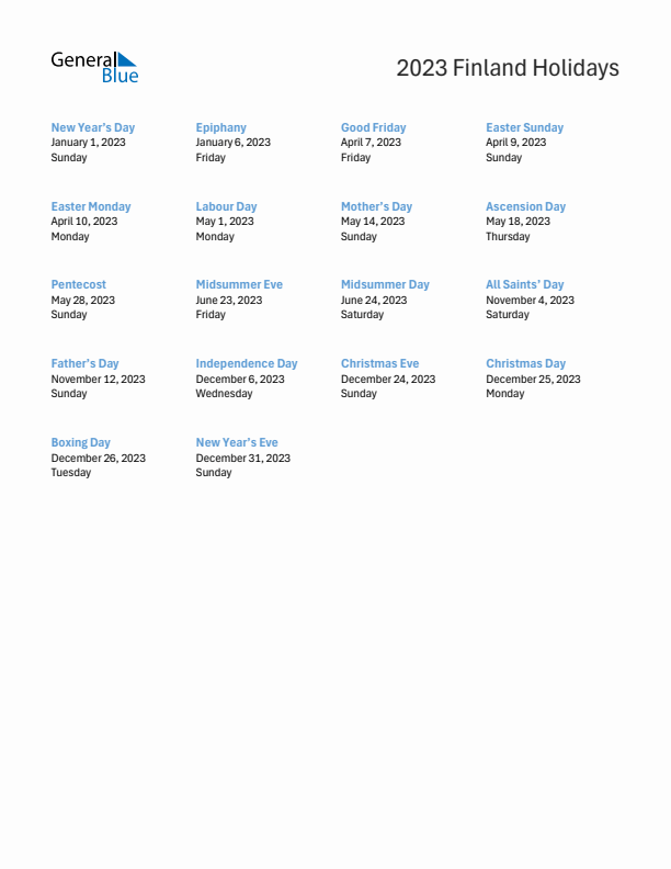 Free printable list of Finland holidays for year 2023