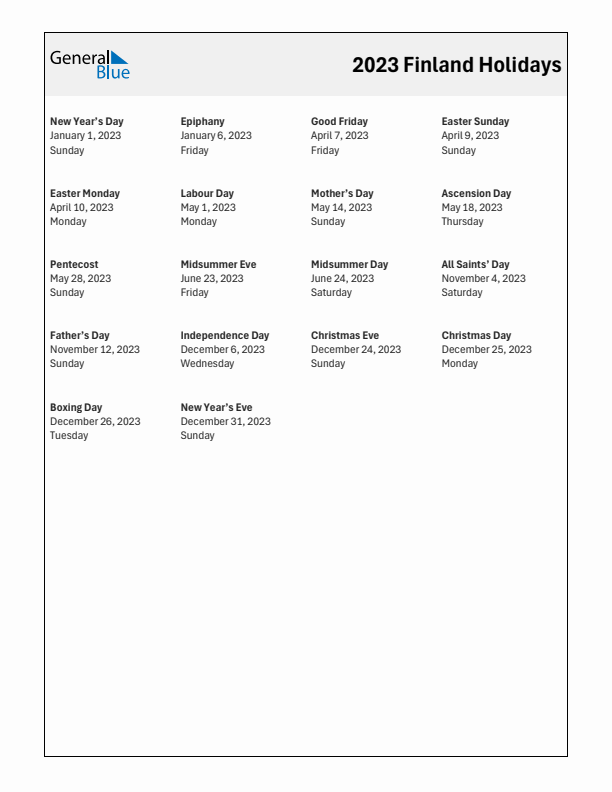 Free printable list of Finland holidays for year 2023