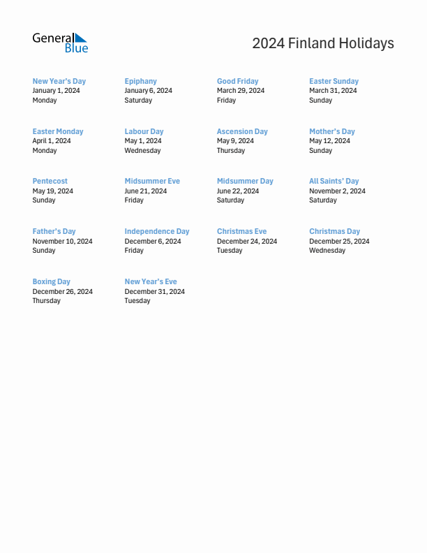 Free printable list of Finland holidays for year 2024