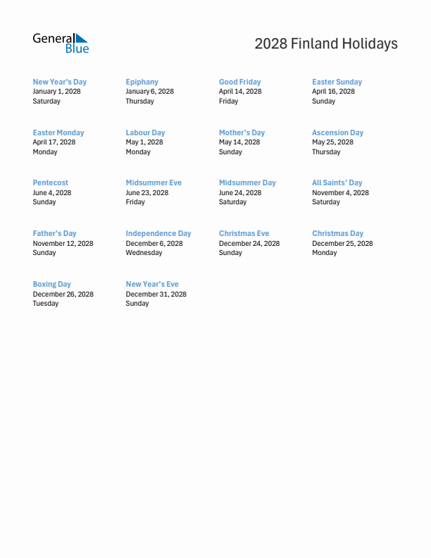 Free printable list of Finland holidays for year 2028