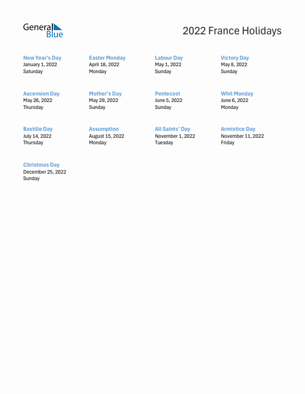 Free printable list of France holidays for year 2022