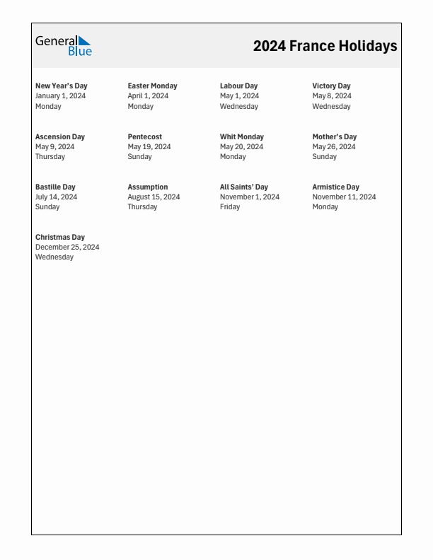 Free printable list of France holidays for year 2024