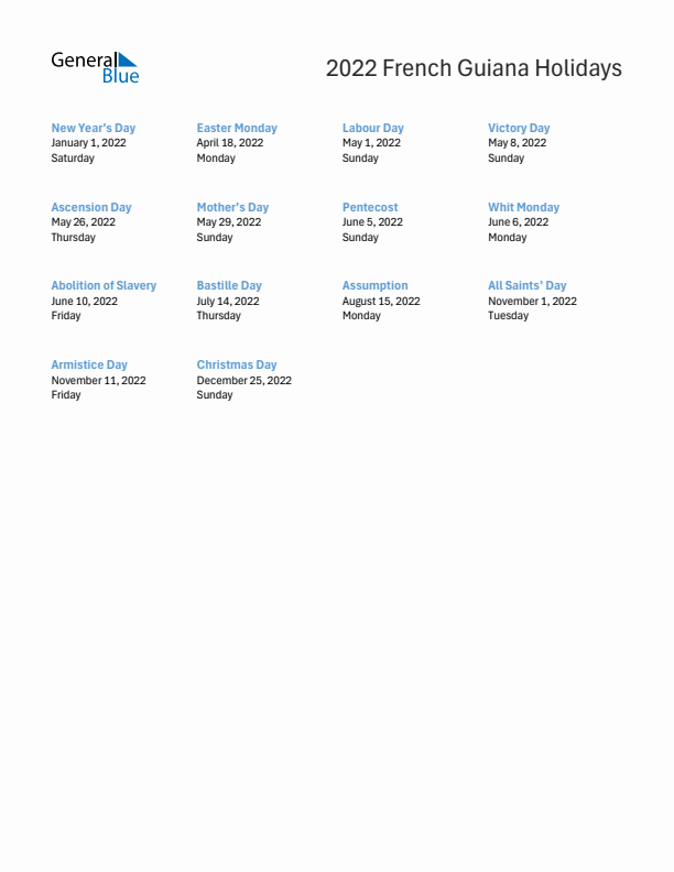 Free printable list of French Guiana holidays for year 2022