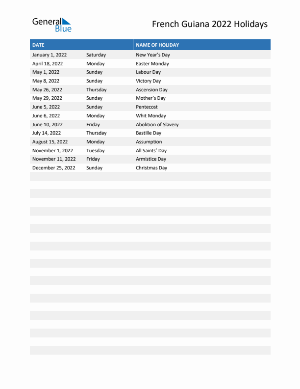 Free printable list of French Guiana holidays for year 2022