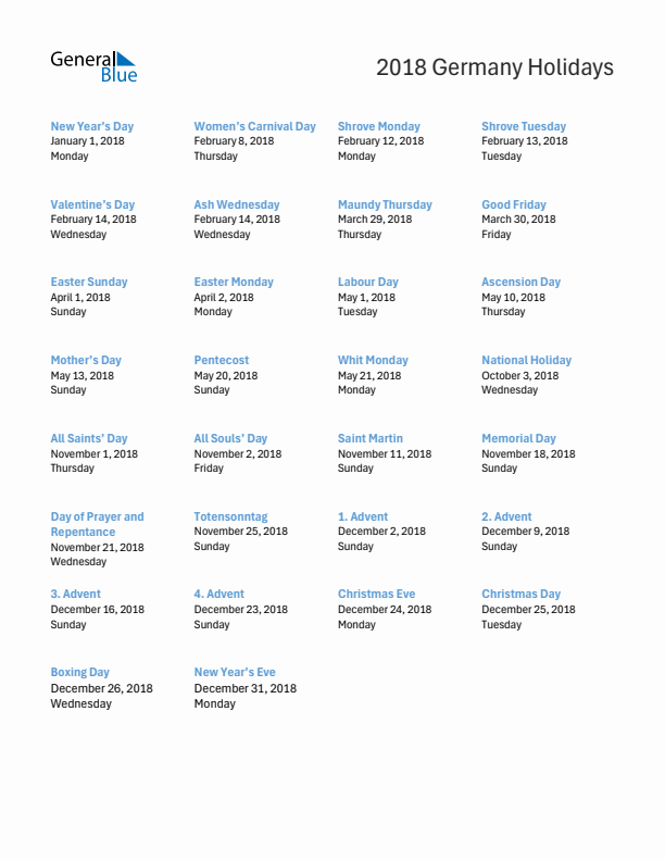 Free printable list of Germany holidays for year 2018