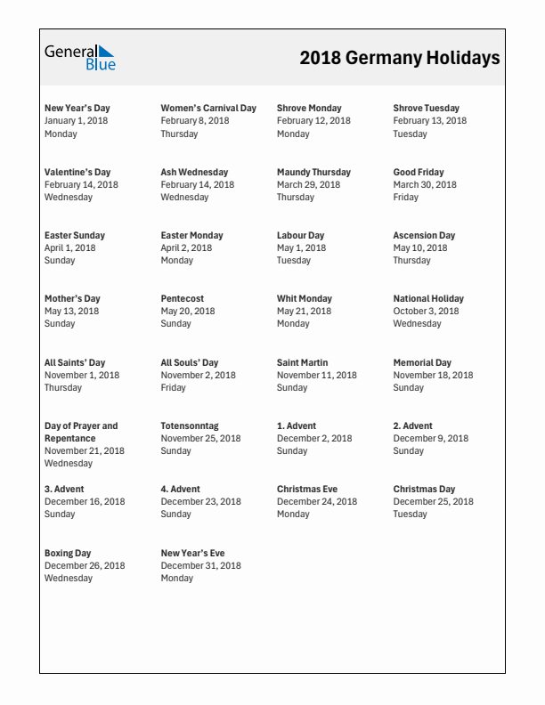 Free printable list of Germany holidays for year 2018