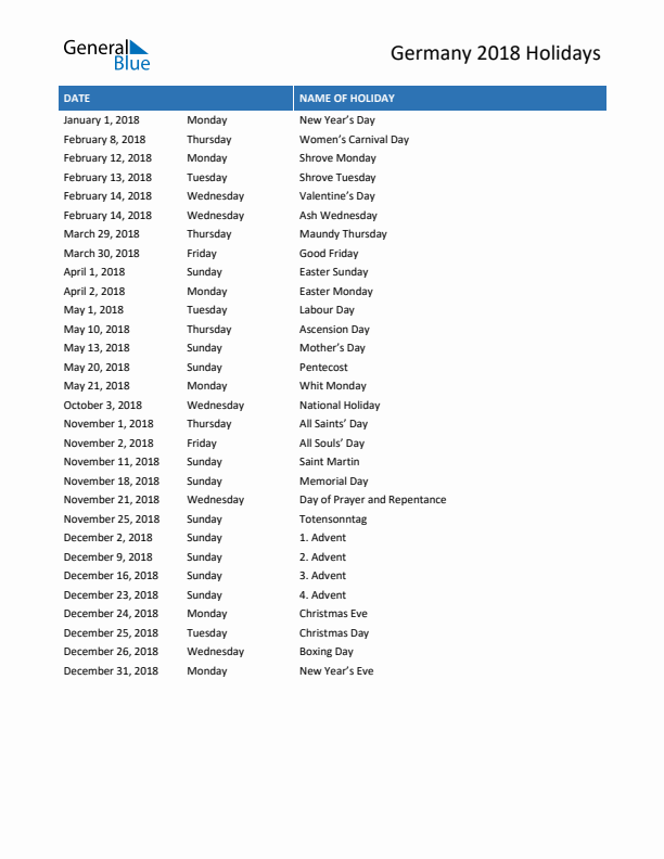 Free printable list of Germany holidays for year 2018