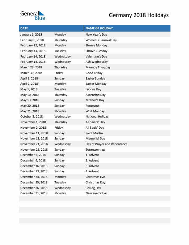 Free printable list of Germany holidays for year 2018