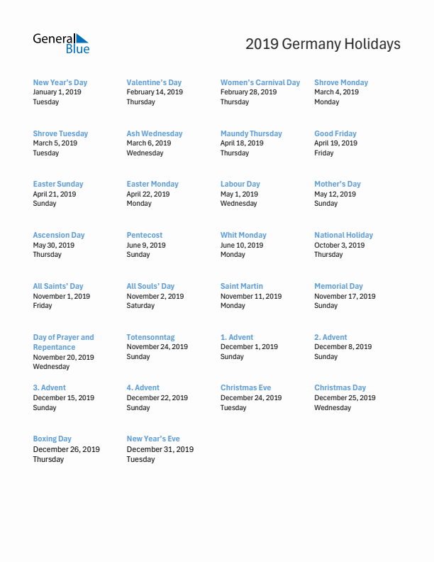 Free printable list of Germany holidays for year 2019