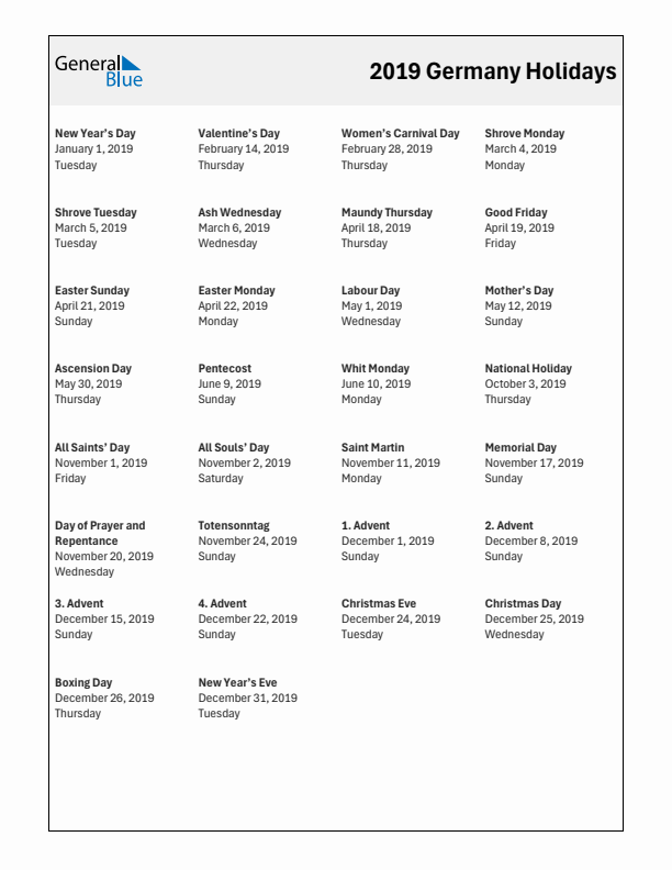 Free printable list of Germany holidays for year 2019