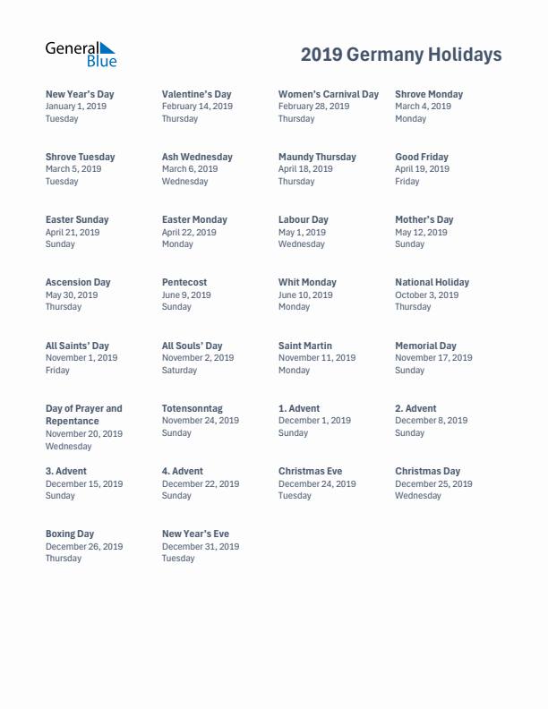 Free printable list of Germany holidays for year 2019