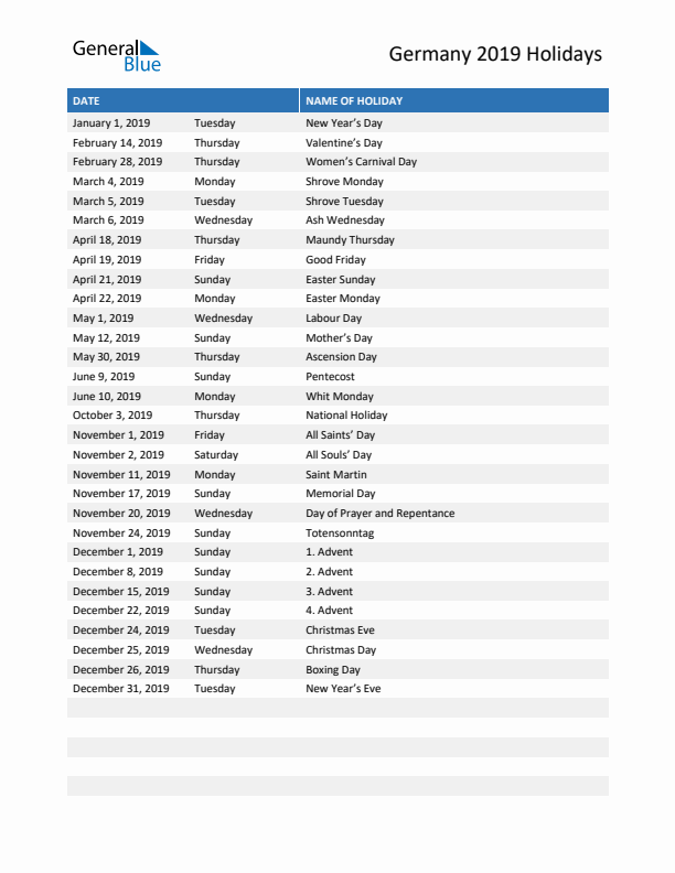 Free printable list of Germany holidays for year 2019