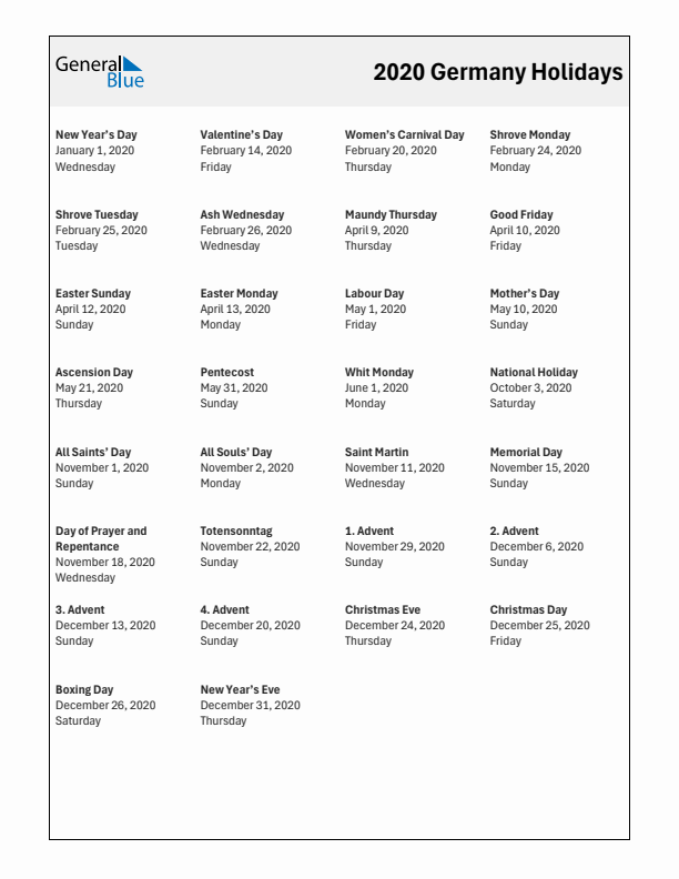 Free printable list of Germany holidays for year 2020