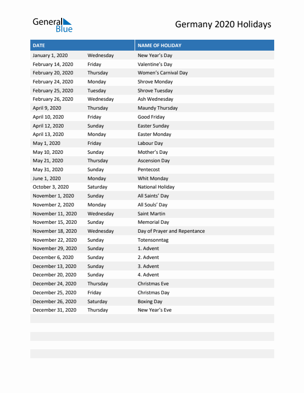 Free printable list of Germany holidays for year 2020