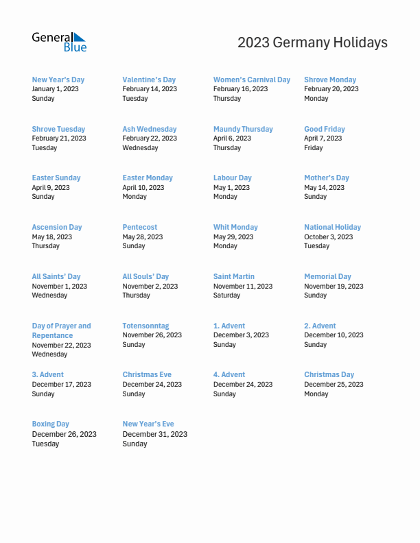 Free printable list of Germany holidays for year 2023