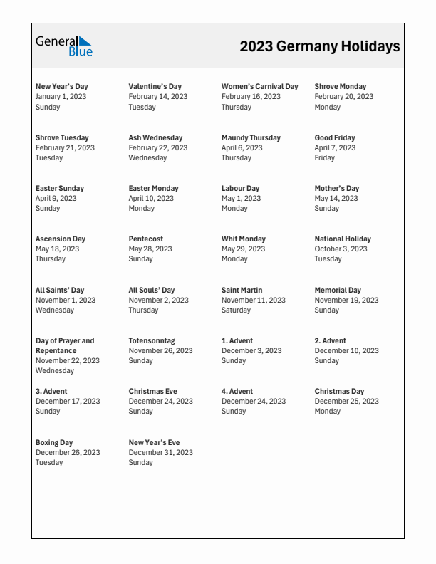 Free printable list of Germany holidays for year 2023