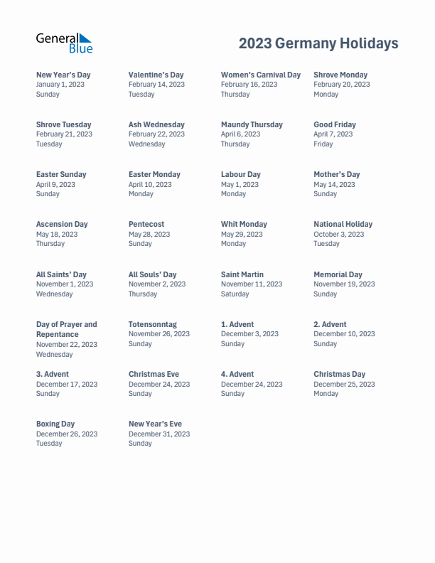 Free printable list of Germany holidays for year 2023