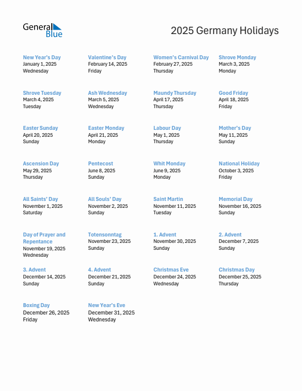 Free printable list of Germany holidays for year 2025