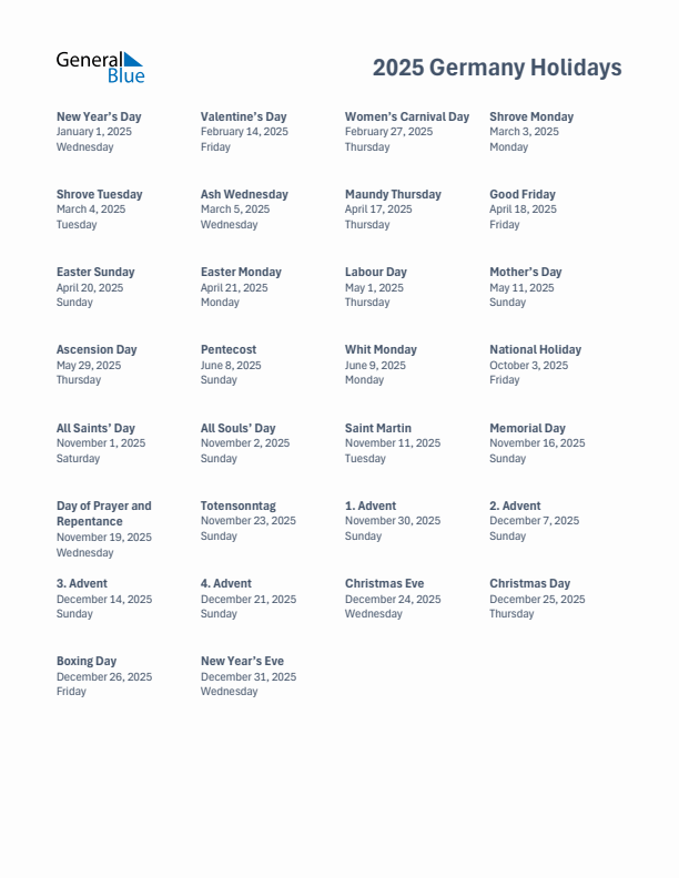 Free printable list of Germany holidays for year 2025