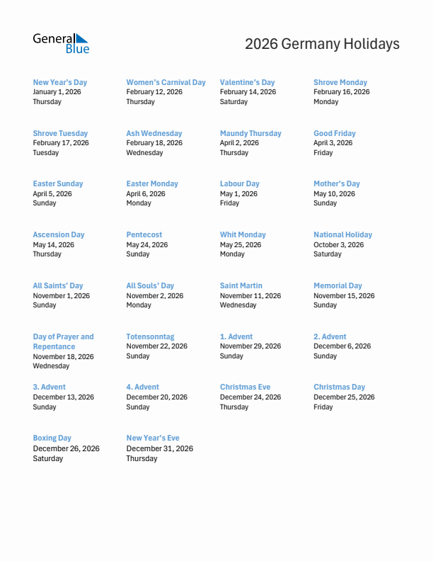 Free printable list of Germany holidays for year 2026