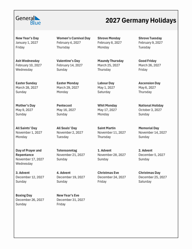 Free printable list of Germany holidays for year 2027