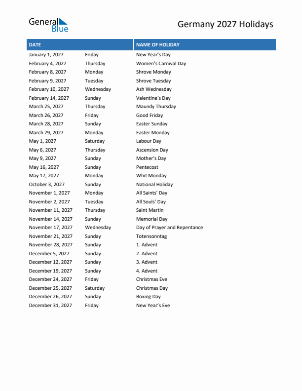 Free printable list of Germany holidays for year 2027