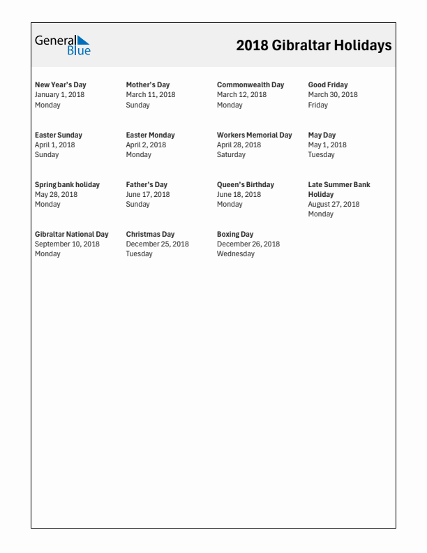 Free printable list of Gibraltar holidays for year 2018