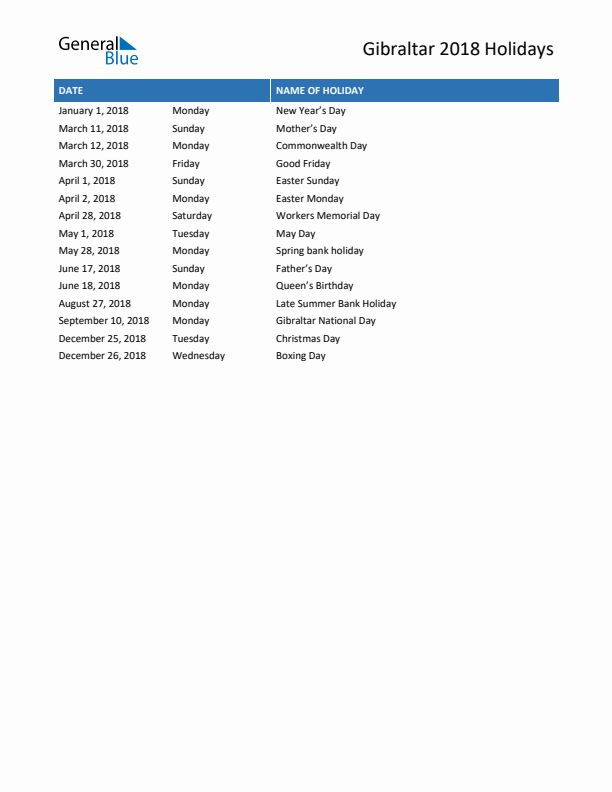 Free printable list of Gibraltar holidays for year 2018