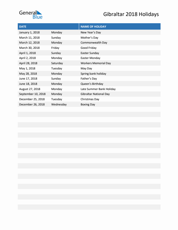 Free printable list of Gibraltar holidays for year 2018