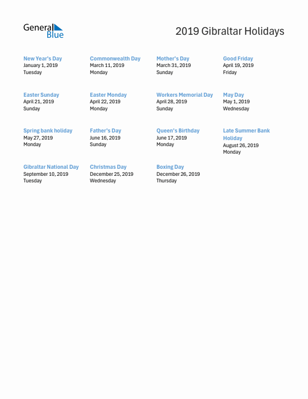 Free printable list of Gibraltar holidays for year 2019