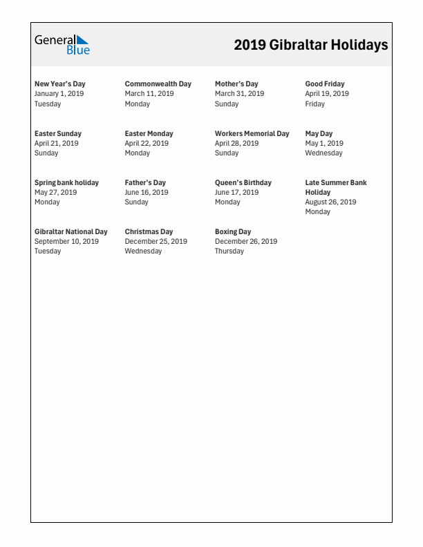 Free printable list of Gibraltar holidays for year 2019