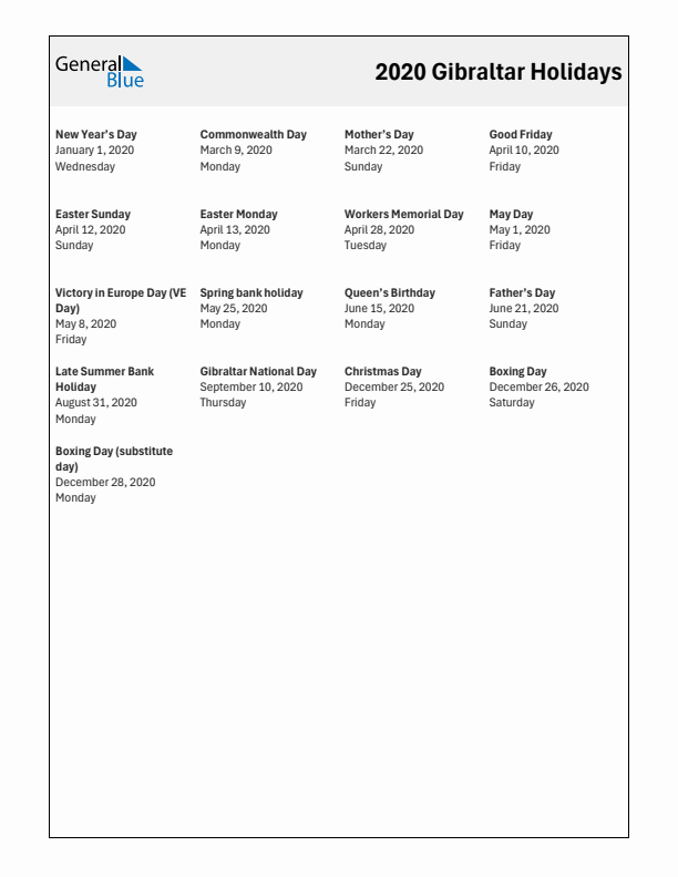 Free printable list of Gibraltar holidays for year 2020