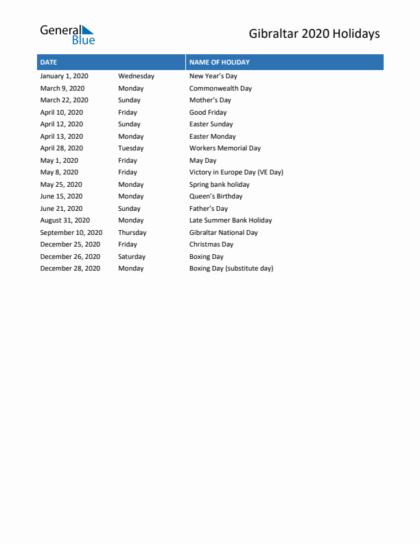 Free printable list of Gibraltar holidays for year 2020