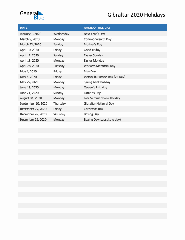 Free printable list of Gibraltar holidays for year 2020