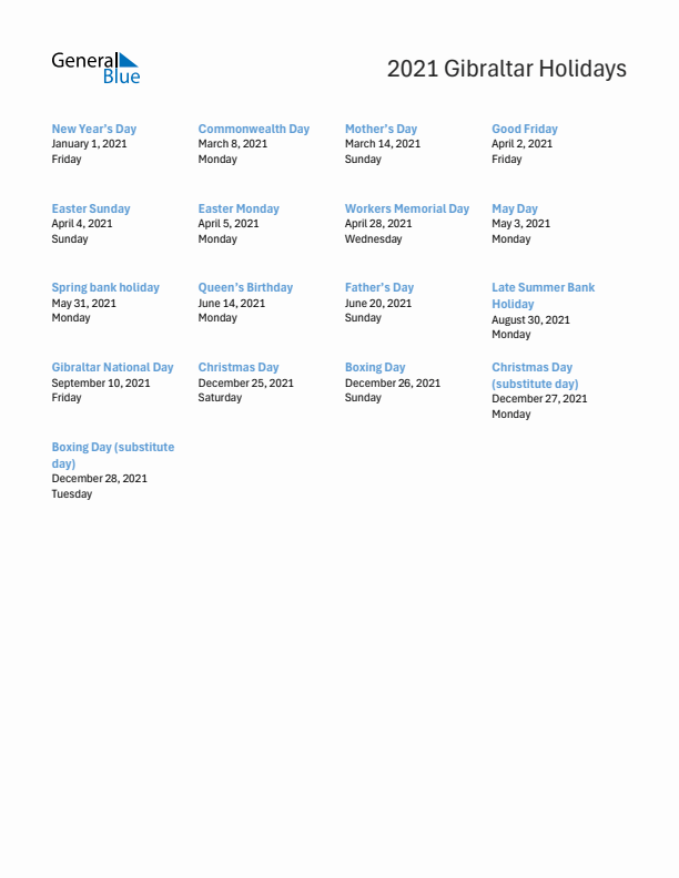 Free printable list of Gibraltar holidays for year 2021